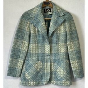 Jack Winter Plaid Blazer Retro Vintage Womens M Aqua White Excellent